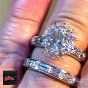 GORGEOUS SET: SOLITAIRE & BAND, WHITE TOPAZ, STERLING. SIZE 10. R-1009354)